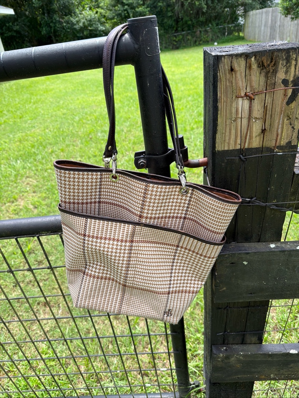 Ralph Lauren Plaid Shoulder Tote in Beige and Brown